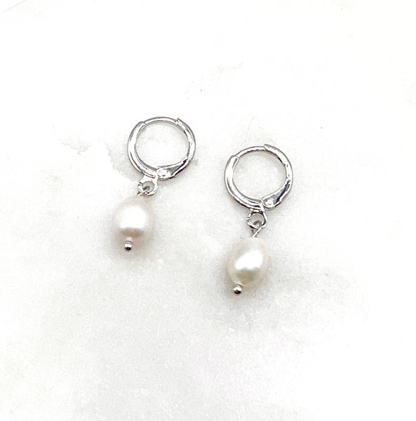Pearl Silver Huggie Hoops Earrings
