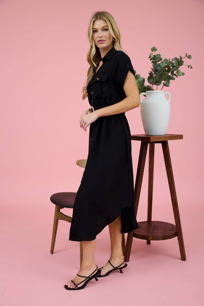 COLLARED BUTTON DOWN BELTED MIDI DRESS