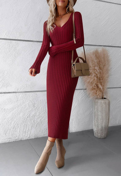 Wine Red Ribbed Bodycon V Neck Long Sleeve Knit Dress