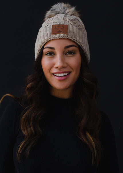 Tan Cable Knit Pom Hat w/ Whiskey Weather Patch