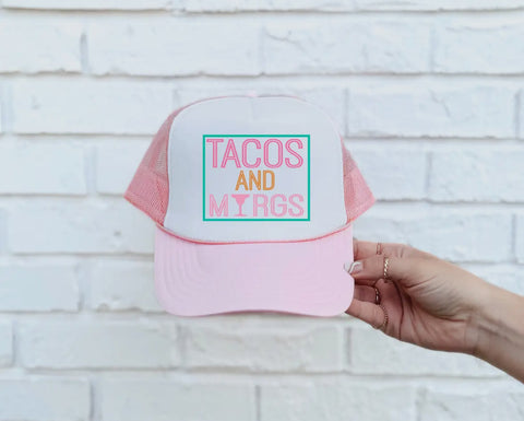 Tacos and Margs DTF Printed Light Pink & White Trucker Hat