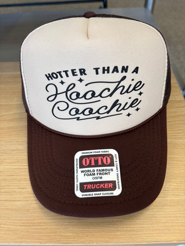 Hotter Than A Hoochie Coochie DTF Printed Brown and Tan Trucker Hat