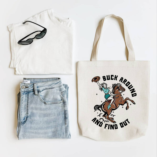 Buck Around and Find Out Western Tote Bag, Shoulder Bag: Cotton