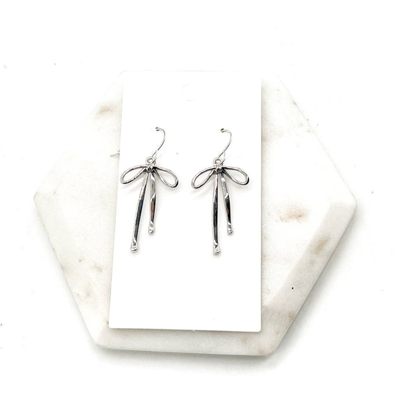 Silver Metal Long Bow Earrings