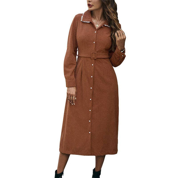 Corduroy Belted Shirt Dress with Lace Collar