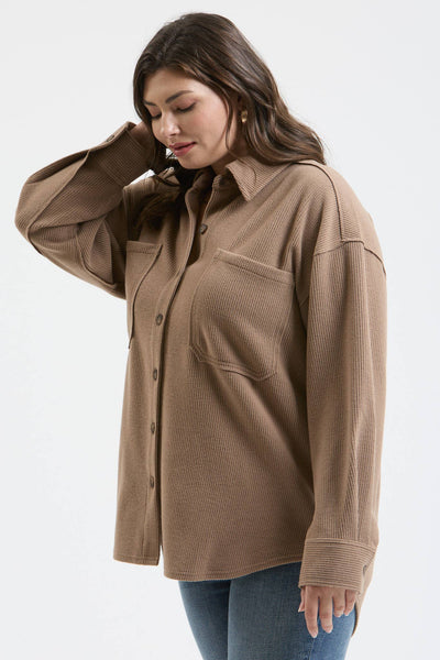 PLUS RIB KNIT EXPOSED SEAM BUTTON UP TOP