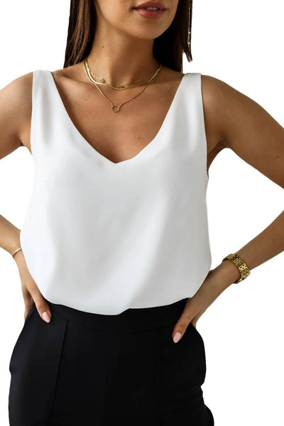 White Solid Color Deep V-Neck Loose Tank Top