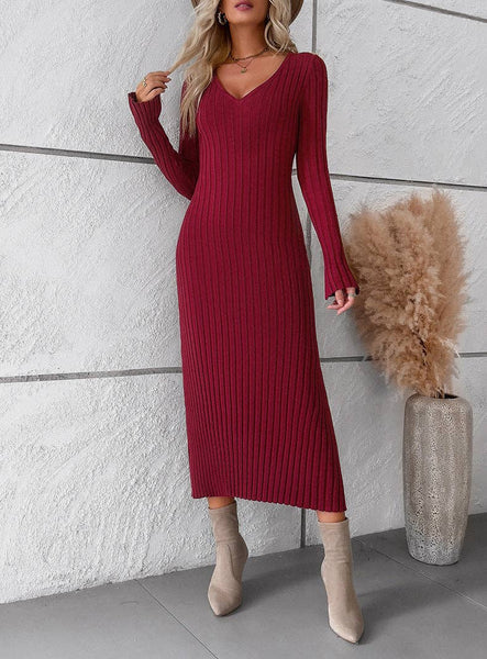 Wine Red Ribbed Bodycon V Neck Long Sleeve Knit Dress