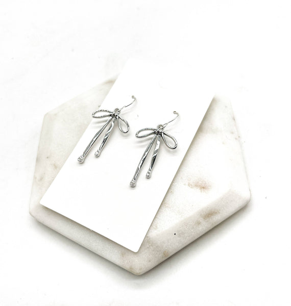 Silver Metal Long Bow Earrings