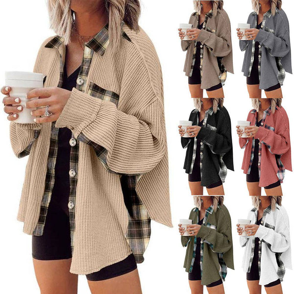 Ladies Plaid Waffle Splice Botton Down Shirt