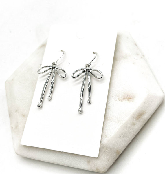 Silver Metal Long Bow Earrings