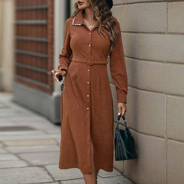 Corduroy Belted Shirt Dress with Lace Collar