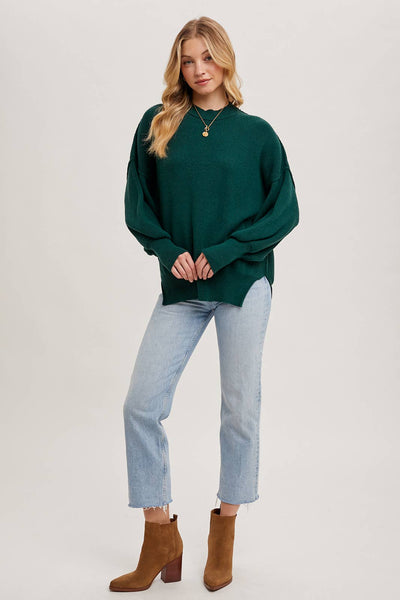 RIBBED MOCK NECK PULLOVER: HUNTER GREEN