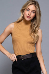 Sleeveless High Neck Rib Sweater Top