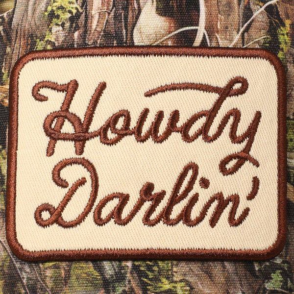 Howdy Darlin' Embroidery Patch Camo Trucker Hat: CAMO / ONE SIZE