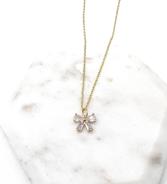 CZ Cubic Zirconia Bow Layering Charm Necklace