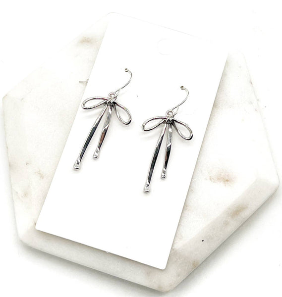 Silver Metal Long Bow Earrings