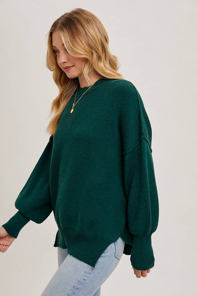 RIBBED MOCK NECK PULLOVER: HUNTER GREEN