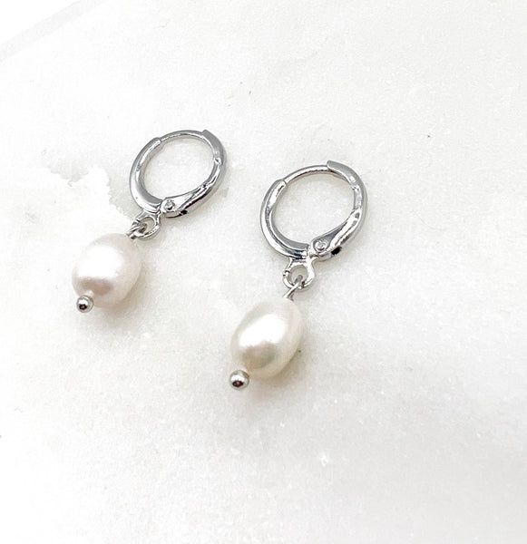Pearl Silver Huggie Hoops Earrings