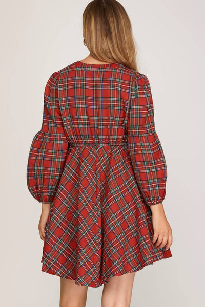 Long Sleeve Woven Plaid Print Dress