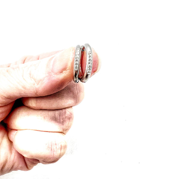 Silver Stainless Steel Gunmetal CZ Huggie Hoop Earrings