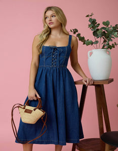 LACE UP SLEEVELESS DENIM MIDI DRESS