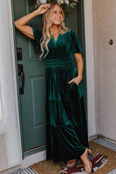 Velvet Short Sleeve Shirred Waist Tiered Maxi Dress