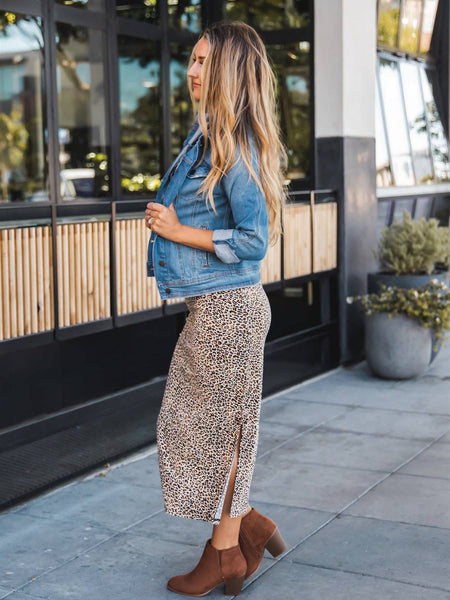 Polly Side Slit Midi Skirt: Cheetah Brown