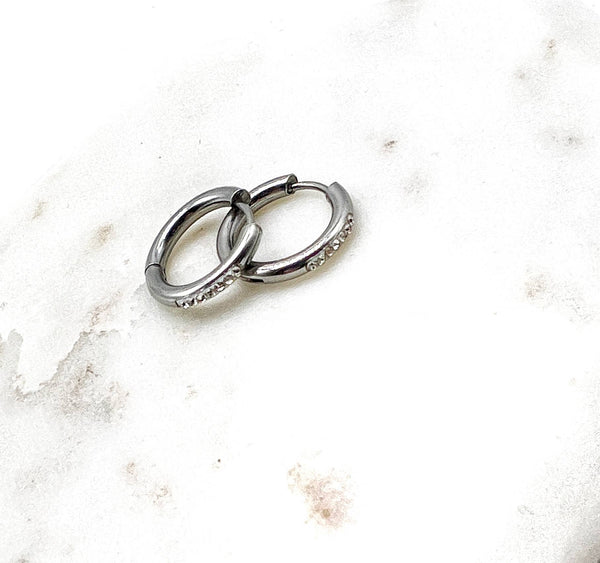 Silver Stainless Steel Gunmetal CZ Huggie Hoop Earrings
