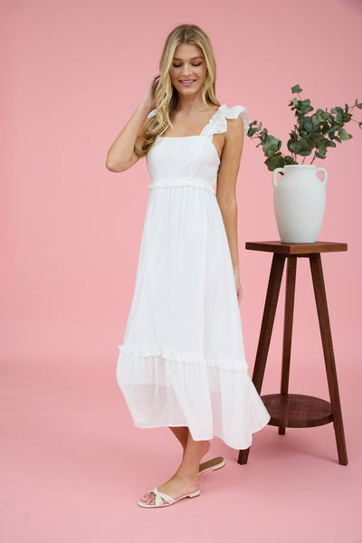 RUFFLE DETAIL EMPIRE WAIST SLEEVELESS MIDI DRESS WHITE