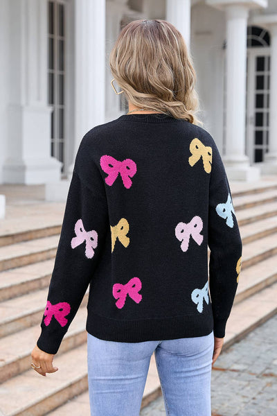 Multi Color Bow Print Soft Knit Sweater