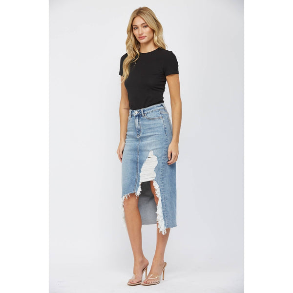HIGH WAISTED MIDI SKIRT WITH DISTRESSED