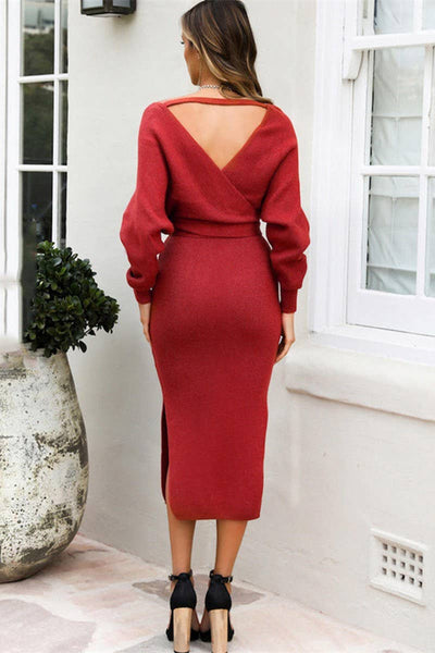 V-NECK BAT SLEEVES SOLID COLOR TIE KNIT DRESS