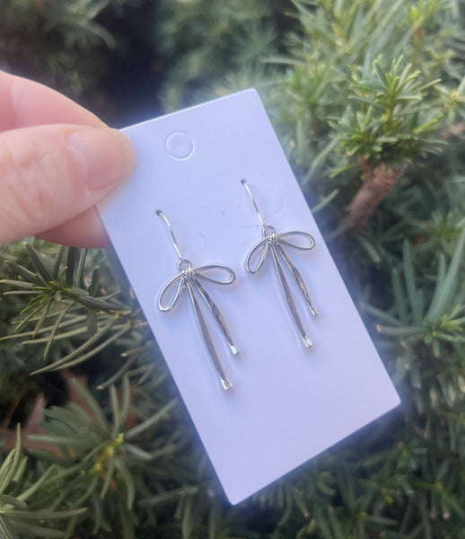 Silver Metal Long Bow Earrings