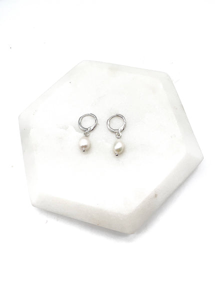 Pearl Silver Huggie Hoops Earrings