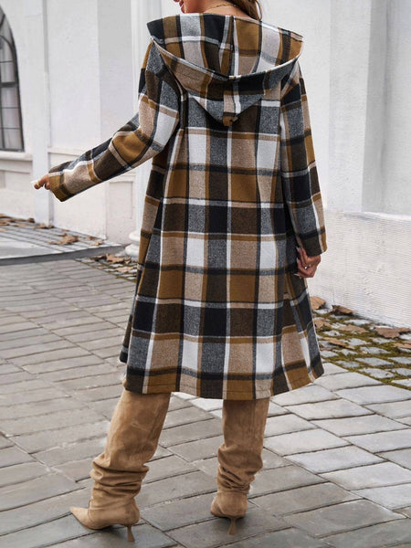 Long Plaid Hooded Shacket  Brown Multi