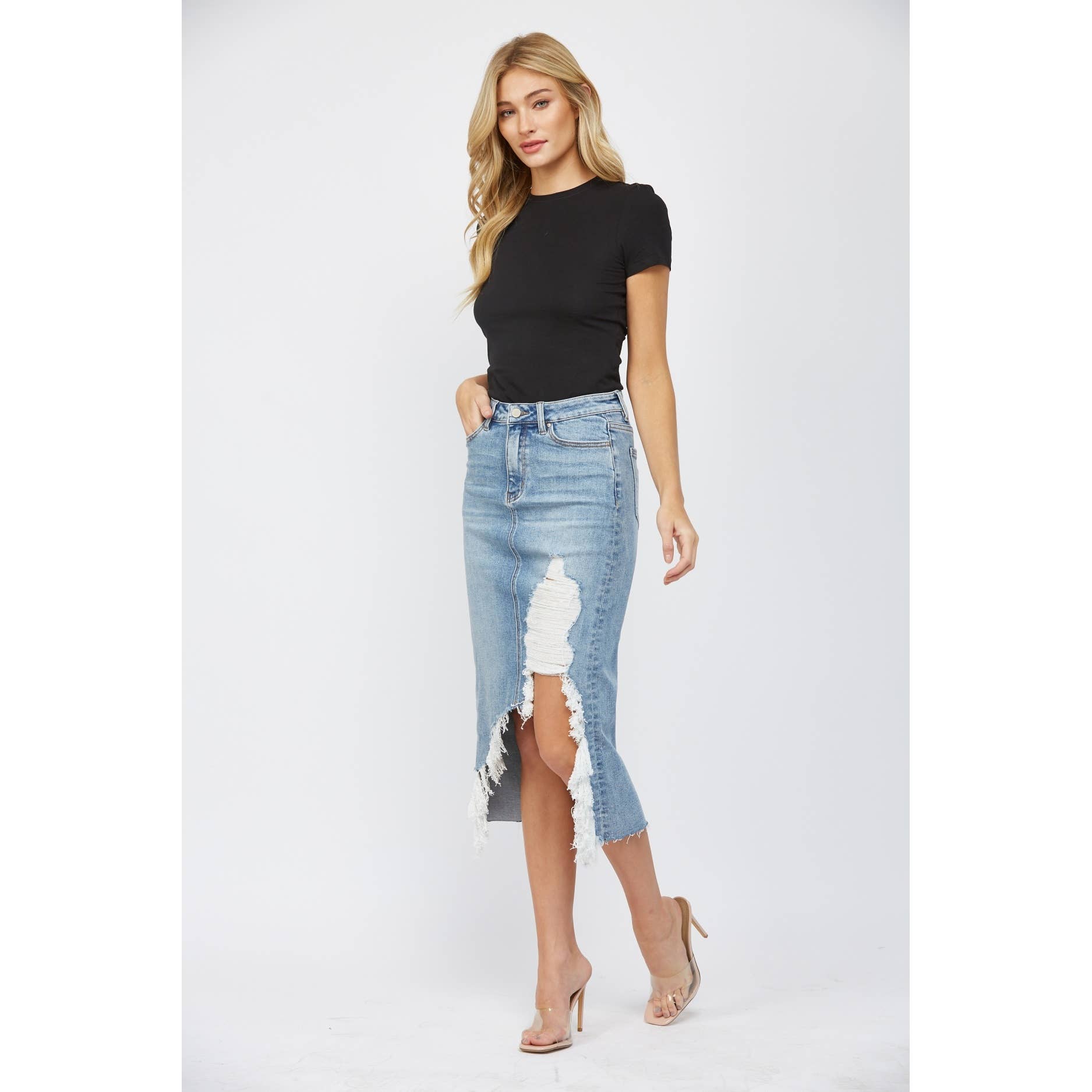 HIGH WAISTED MIDI SKIRT WITH DISTRESSED