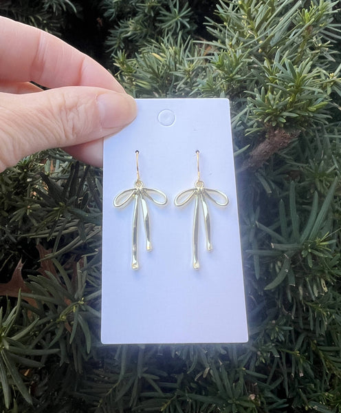 Gold Metal Long Bow Earrings