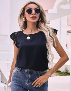 MESH RUFFLE SHORT SLEEVE SOLID COLOR TOP