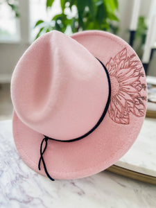 Hand Burnt Sunflower Hat | Pink Cowboy Hat | Fedora |