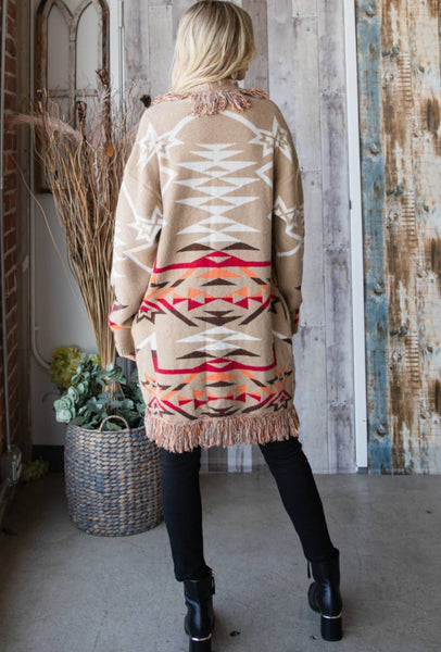 Soft Aztec knit cardigan with fringe detail
