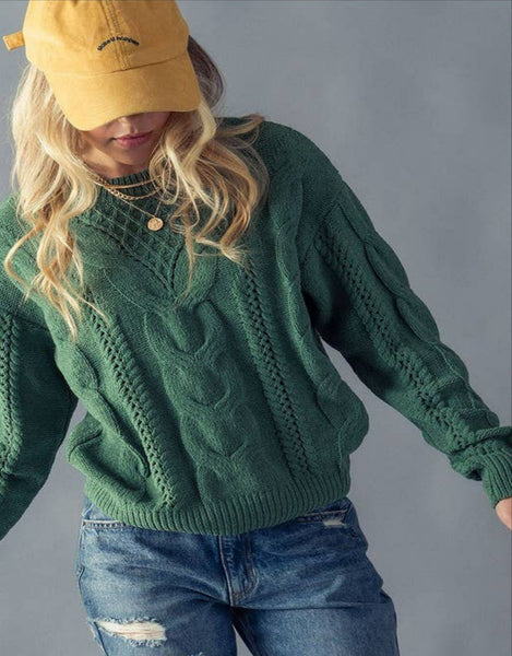 CHUNKY CABLE KNIT POINTELLE CUT OUT SWEATER