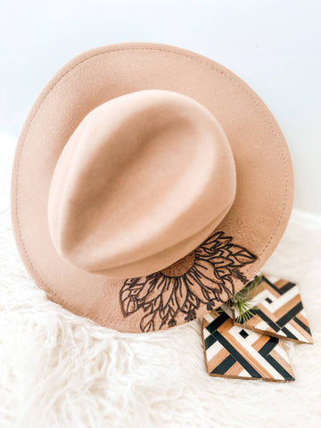 Hand Burnt Fedora Hat | Sunflower Design| Cowboy Hat