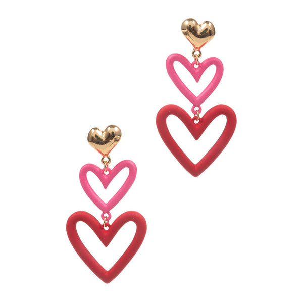 Triple Hearts Linear Drop Earrings: ONE SIZE / Red
