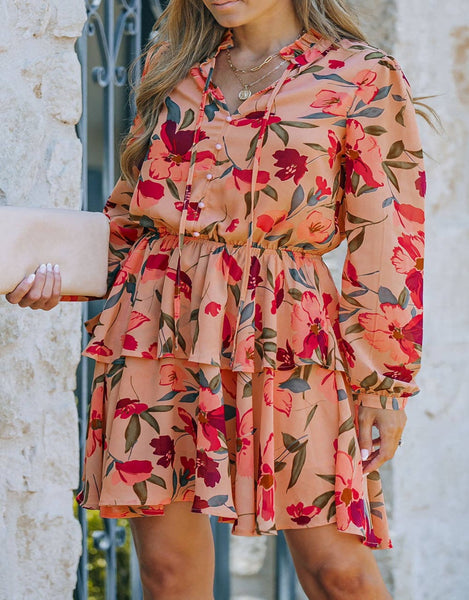 Fiery Red Frilled Collar Long Sleeve Floral Dress