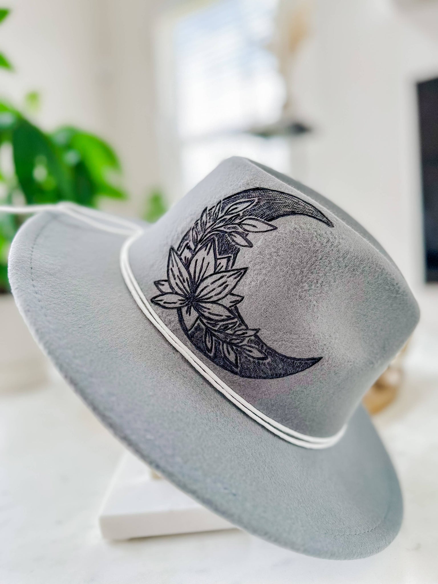 Moon & Lotus Flower Hat | Hand Burnt| Cowboy Hat/Fedora